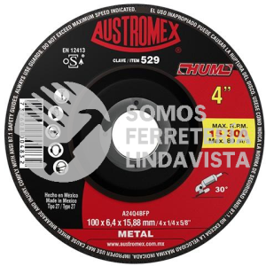 529 DISCO CON CENTRO DEPRIMIDO PARA DESBASTE DE METAL HUM TIPO 27 GRANO 24 (4"X1/4"X5/8") AUSTROMEX