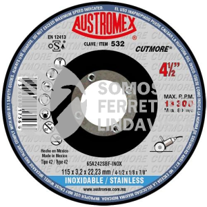 532 DISCO CON CENTRO DEPRIMIDO PARA CORTE DE ACERO INOXIDABLE CUTMORE TIPO 42 GRANO 242 (4-1/2"X1/8"X7/8") AUSTROMEX