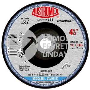 533 DISCO CON CENTRO DEPRIMIDO PARA DESBASTE DE ACERO INOXIDABLE GRINDMORE TIPO 27 GRANO 30 (4-1/2"X1/4"X7/8") AUSTROMEX