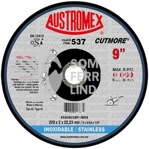 537 DISCO CON CENTRO DEPRIMIDO PARA CORTE DE ACERO INOXIDABLE CUTMORE TIPO 42 GRANO 362 (9"X5/64"X7/8") AUSTROMEX