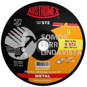 572 DISCO CON CENTRO DEPRIMIDO PARA DESBASTE DE METAL KREATOR TIPO 27 GRANO 24 (9"X5/32"X7/8") AUSTROMEX