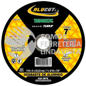 587 DISCO CON CENTRO DEPRIMIDO PARA DESBASTE DE ALUMINIO ALUCUT TIPO 27 GRANO 24 (7"X3/16"X7/8") TENAZIT