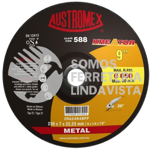 588 DISCO CON CENTRO DEPRIMIDO PARA DESBASTE DE METAL KREATOR TIPO 27 GRANO 24 (9"X1/4"X7/8") AUSTROMEX