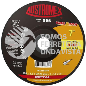 595 DISCO CON CENTRO DEPRIMIDO PARA CORTE DE METAL KREATOR TIPO 42 GRANO 24 (7"X1/8"X7/8") AUSTROMEX