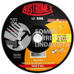 596 DISCO CON CENTRO DEPRIMIDO PARA DESBASTE DE METAL KREATOR TIPO 27 GRANO 24 (7"X5/32"X7/8") AUSTROMEX