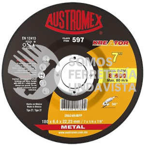 597 DISCO CON CENTRO DEPRIMIDO PARA DESBASTE DE METAL KREATOR TIPO 27 GRANO 24 (7"X1/4"X7/8") AUSTROMEX