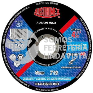 718 DISCO CON CENTRO DEPRIMIDO PARA DESBASTE DE ACERO INOXIDABLE TIPO 27 GRANO 40 (4-1/2"X5/32"X7/8") AUSTROMEX