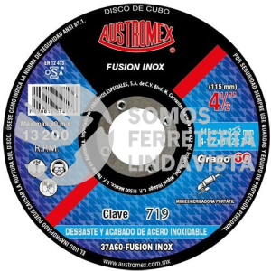 719 DISCO CON CENTRO DEPRIMIDO PARA DESBASTE DE ACERO INOXIDABLE TIPO 27 GRANO 60 (4-1/2"X5/32"X7/8") AUSTROMEX