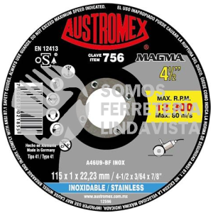 756 DISCO SUPER PRECISO PARA CORTE DE ACERO INOXIDABLE MAGMA TIPO 41 GRANO 46 (4-1/2"X3/64"X7/8") AUSTROMEX