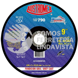 790 DISCO CON CENTRO DEPRIMIDO PARA DESBASTE DE FUNDICION GRIS XTREME POWER TIPO 27 GRANO 249 (9"X1/4"X7/8") AUSTROMEX