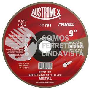 791 DISCO PARA CORTE DE METAL HUM TIPO 41 GRANO 30 (9"X1/8"X7/8") AUSTROMEX