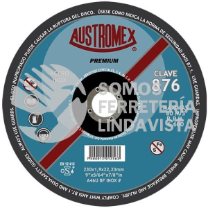 876 DISCO CON CENTRO DEPRIMIDO PARA CORTE DE ACERO INOXIDABLE PREMIUM TIPO 42 GRANO 46 (9"X5/64"X7/8") AUSTROMEX