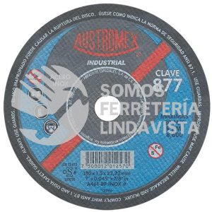 877 DISCO PARA CORTE DE METAL INDUSTRIAL TIPO 41 GRANO 46 (7"X1/16"X7/8") AUSTROMEX
