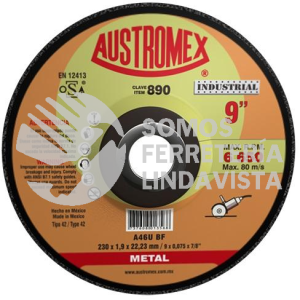 890 DISCO CON CENTRO DEPRIMIDO PARA CORTE DE METAL INDUSTRIAL TIPO 42 GRANO 46 (9"X0 075"X7/8") AUSTROMEX