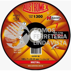 1300 DISCO CON CENTRO DEPRIMIDO PARA DESBASTE DE METAL H-BACK TIPO 27 GRANO 30 (7"X1/4"X7/8") AUSTROMEX