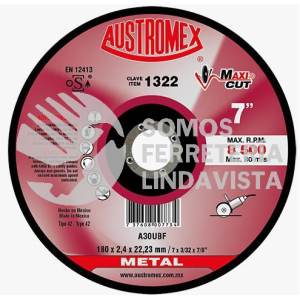 1322 DISCO CON CENTRO DEPRIMIDO PARA CORTE DE METAL MAXICUT TIPO 42 GRANO 30 (7"X3/32"X7/8") AUSTROMEX