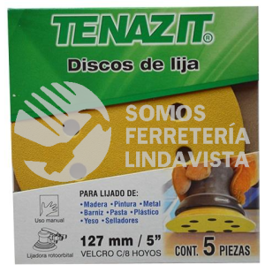 1558 PAQUETE DE 5 DISCOS DE LIJA AUTOADHERIBLE TSA4 GOLD DE 8 HOYOS GRANO 150 (5") TENAZIT
