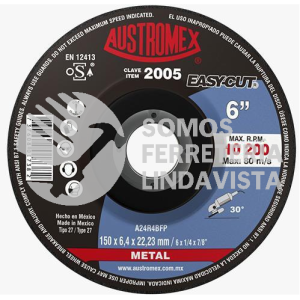 2005 DISCO CON CENTRO DEPRIMIDO PARA DESBASTE DE METAL EASY-CUT TIPO 27 GRANO 24 (6"X1/4"X7/8") AUSTROMEX