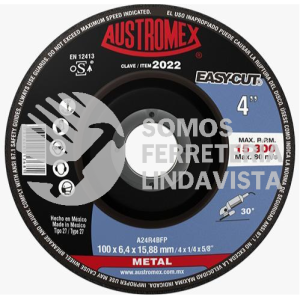2022 DISCO CON CENTRO DEPRIMIDO PARA DESBASTE DE METAL EASY-CUT TIPO 27 GRANO 24 (4"X1/4"X5/8") AUSTROMEX