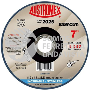 2025 DISCO CON CENTRO DEPRIMIDO PARA CORTE DE ACERO INOXIDABLE EASY-CUT TIPO 42 GRANO 46 (7"X1/16"X7/8") AUSTROMEX