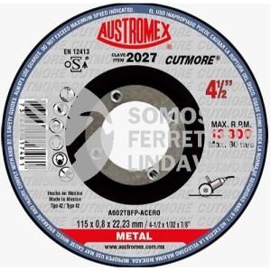 2027 DISCO CON CENTRO DEPRIMIDO PARA CORTE DE METAL - SP CUTMORE TIPO 42 GRANO 602 (4-1/2"X1/32"X7/8") AUSTROMEX