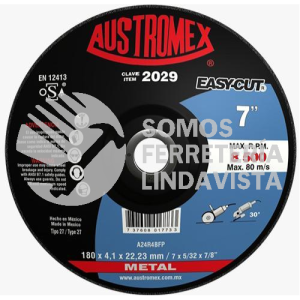 2029 DISCO CON CENTRO DEPRIMIDO PARA CORTE DE METAL EASY-CUT TIPO 27 GRANO 24 (7"X5/32"X7/8") AUSTROMEX
