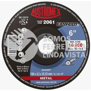 2061 DISCO CON CENTRO DEPRIMIDO PARA CORTE DE METAL EASY-CUT TIPO 42 GRANO 24 (6"X1/8"X7/8") AUSTROMEX