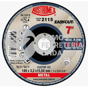 2115 DISCO PARA CORTE DE METAL EASY-CUT TIPO 41 GRANO 30 (7"X1/8"X5/8") AUSTROMEX