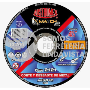 2121 DISCO CON CENTRO DEPRIMIDO PARA CORTE Y DESBASTE DE METAL MATCH2 TIPO 27 GRANO 46 (4-1/2"X5/64"X7/8") AUSTROMEX