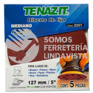 2257 DISCO DE LIJA AUTOADHERIBLE ANTIESTATICO GRANO MEDIANO CON 5 PIEZAS CON 8 HOYOS (5) TENAZIT