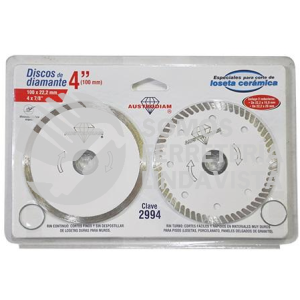 2994 SET DE 2 DISCOS DE DIAMANTE PARA CORTE DE LOSETA CERAMICA (4"X7/8") AUSTRODIAM AUSTROMEX