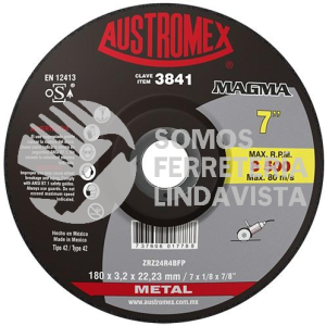 3841 DISCO CON CENTRO DEPRIMIDO PARA CORTE DE METAL MAGMA TIPO 42 GRANO 24 (7"X1/8"X7/8") AUSTROMEX
