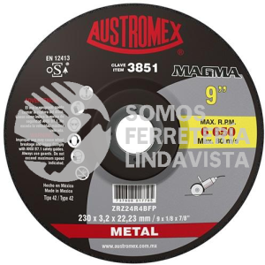3851 DISCO CON CENTRO DEPRIMIDO PARA CORTE DE METAL MAGMA TIPO 42 GRANO 24 (9"X1/8"X7/8") AUSTROMEX
