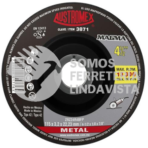 3871 DISCO CON CENTRO DEPRIMIDO PARA CORTE DE METAL MAGMA TIPO 42 GRANO 24 (4-1/2"X1/8"X7/8") AUSTROMEX