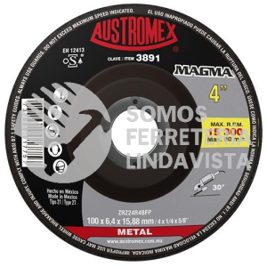 3891 DISCO CON CENTRO DEPRIMIDO PARA DESBASTE DE METAL MAGMA TIPO 27 GRANO 24 (4"X1/4"X5/8") ANTES COD 328 AUSTROMEX