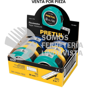 21625 PRO-8MEC FLEXOMETRO 8 M CINTA 25 MM DISPLAY BOX CON 6 PZAS PRETUL