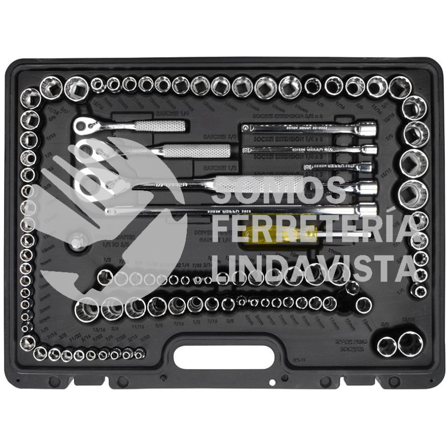 5447PA JUEGO DE DADOS Y ACCESORIOS CUADRO DE 1/4", 3/8" Y 1/2" COMBINADO, 99 PIEZAS URREA