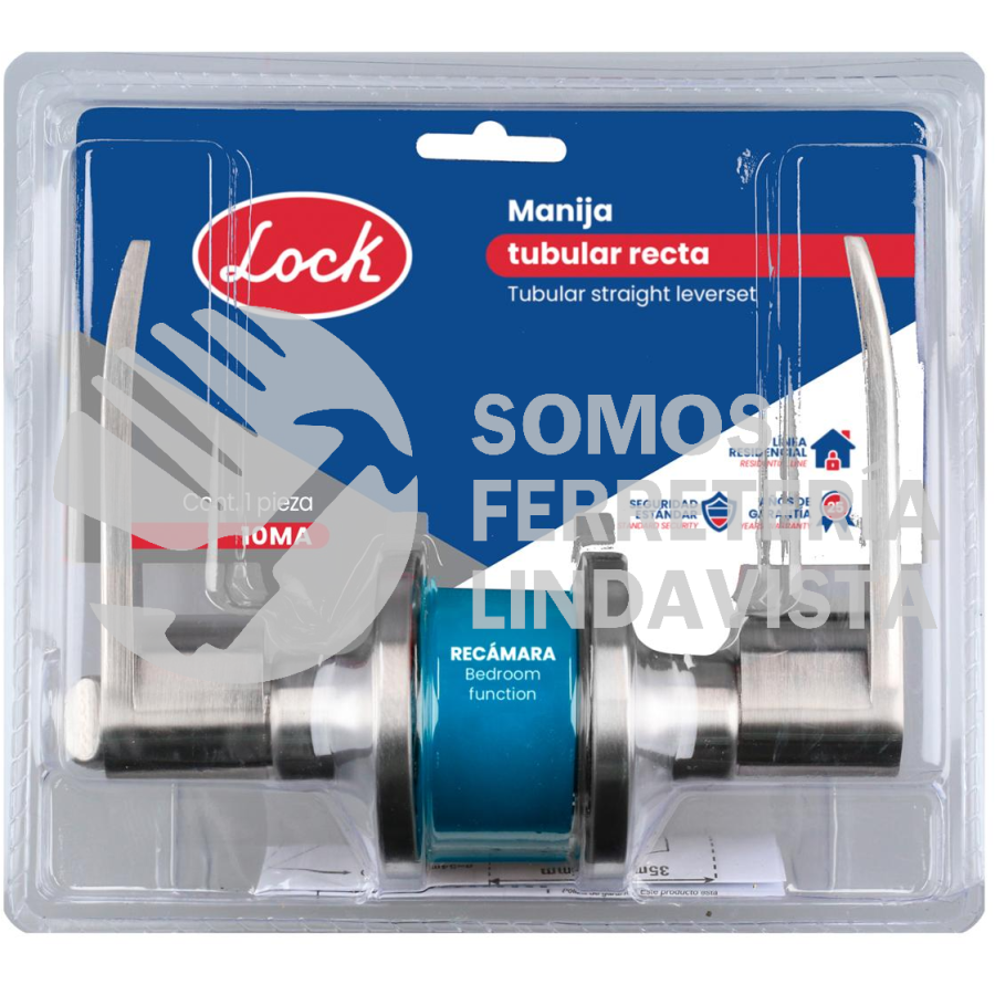 10MA MANIJA TUBULAR RECTA FUNCION ENTRADA Y RECAMARA, NIQUEL SATINADO, LLAVE ESTANDAR, BLISTER LOCK
