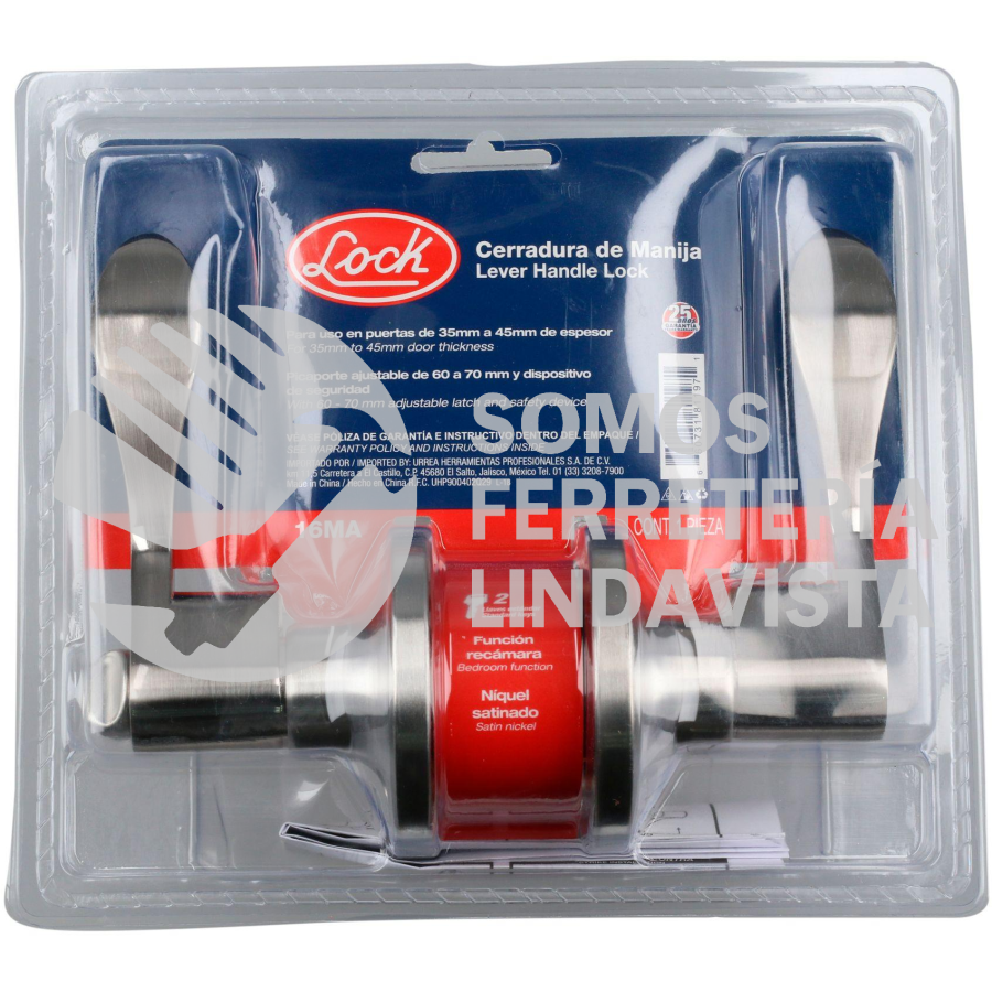 16MA MANIJA TUBULAR CURVA FUNCION ENTRADA Y RECAMARA, NIQUEL SATINADO, LLAVE ESTANDAR, BLISTER LOCK