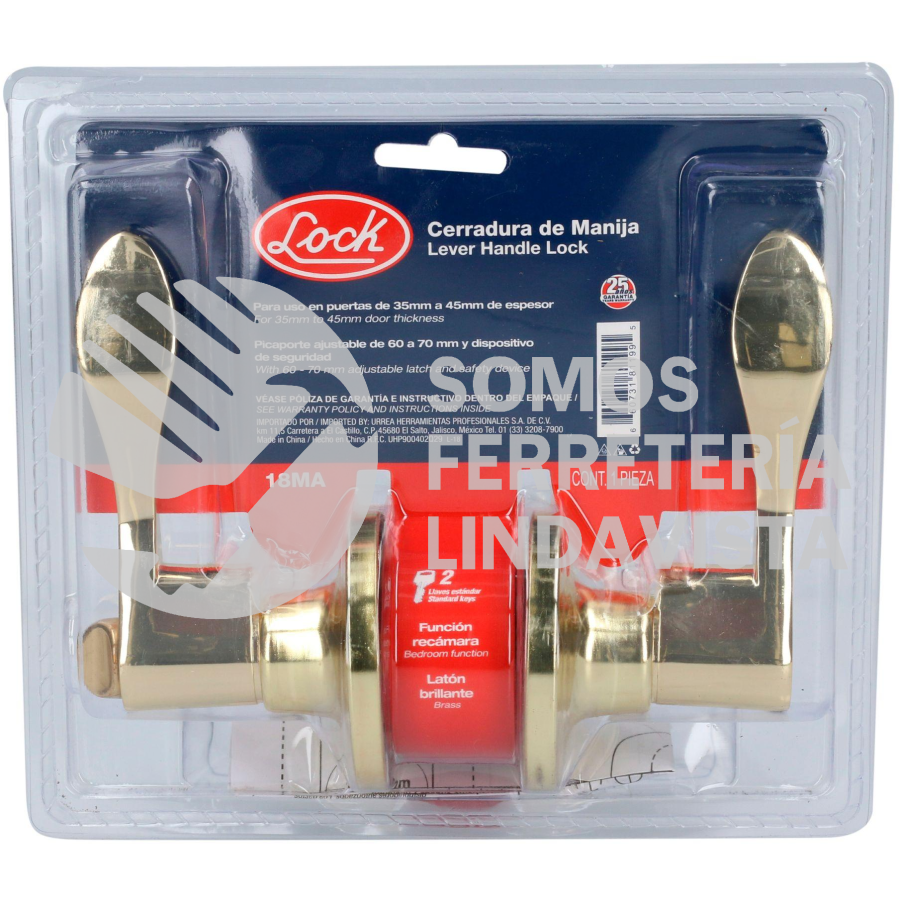 18MA MANIJA TUBULAR CURVA FUNCION ENTRADA Y RECAMARA, LATON BRILLANTE, LLAVE ESTANDAR, BLISTER LOCK