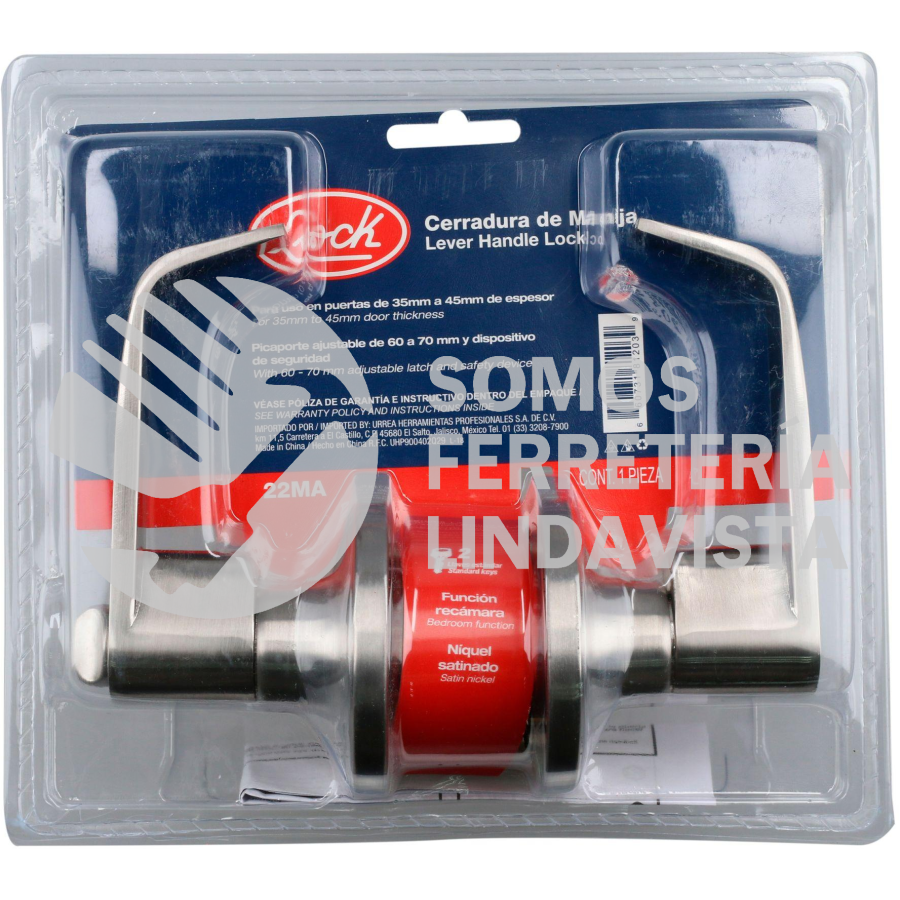 22MA MANIJA TUBULAR PLANA FUNCION ENTRADA Y RECAMARA, NIQUEL SATINADO, LLAVE ESTANDAR, BLISTER LOCK