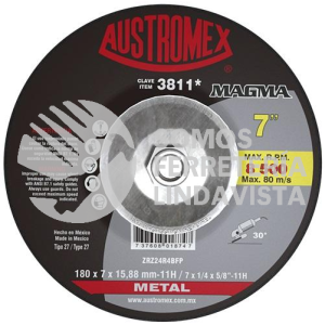 -3811 DISCO CON ADAPTADOR INTEGRADO PARA DESBASTE DE METAL MAGMA TIPO 27 GRANO 24 (7"X1/4"X5/8"-11) AUSTROMEX