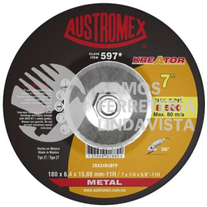 -597 DISCO CON ADAPTADOR INTEGRADO PARA DESBASTE DE METAL KREATOR TIPO 27 GRANO 24 (7"X1/4"X5/8"-11) AUSTROMEX