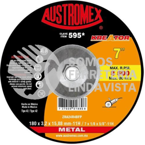-595 DISCO CON ADAPTADOR INTEGRADO PARA CORTE DE METAL KREATOR TIPO 42 GRANO 24 (7"X1/8"X5/8"-11) AUSTROMEX