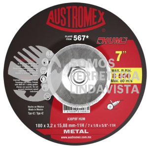 -567 DISCO CON ADAPTADOR INTEGRADO PARA CORTE DE METAL HUM TIPO 42 GRANO 30 (7"X1/8"X5/8"-11) AUSTROMEX