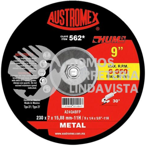 -562 DISCO CON ADAPTADOR INTEGRADO PARA DESBASTE DE METAL HUM TIPO 27 GRANO 24 (9"X1/4"X5/8"-11) AUSTROMEX