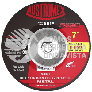 -561 DISCO CON ADAPTADOR INTEGRADO PARA DESBASTE DE METAL HUM TIPO 27 GRANO 24 (7"X1/4"X5/8"-11) AUSTROMEX