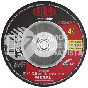 -560 DISCO CON ADAPTADOR INTEGRADO PARA DESBASTE DE METAL HUM TIPO 27 GRANO 30 (4-1/2"X1/4"X5/8"-11) AUSTROMEX