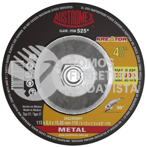 -525 DISCO CON ADAPTADOR INTEGRADO PARA DESBASTE DE METAL KREATOR TIPO 27 GRANO 24 (4-1/2"X1/4"X5/8"-11) AUSTROMEX