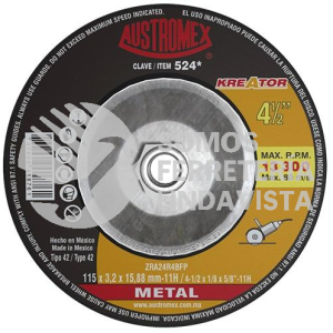 -524 DISCO CON ADAPTADOR INTEGRADO PARA CORTE DE METAL KREATOR TIPO 42 GRANO 24 (4-1/2"X1/8"X5/8"-11) AUSTROMEX